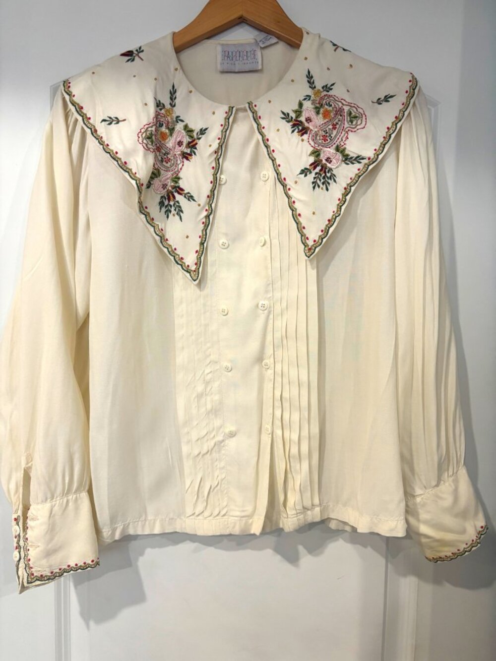 Vintage 80s Passports Pier 1 Cottagecore Embroidered Sailor Collar Blouse Sz L